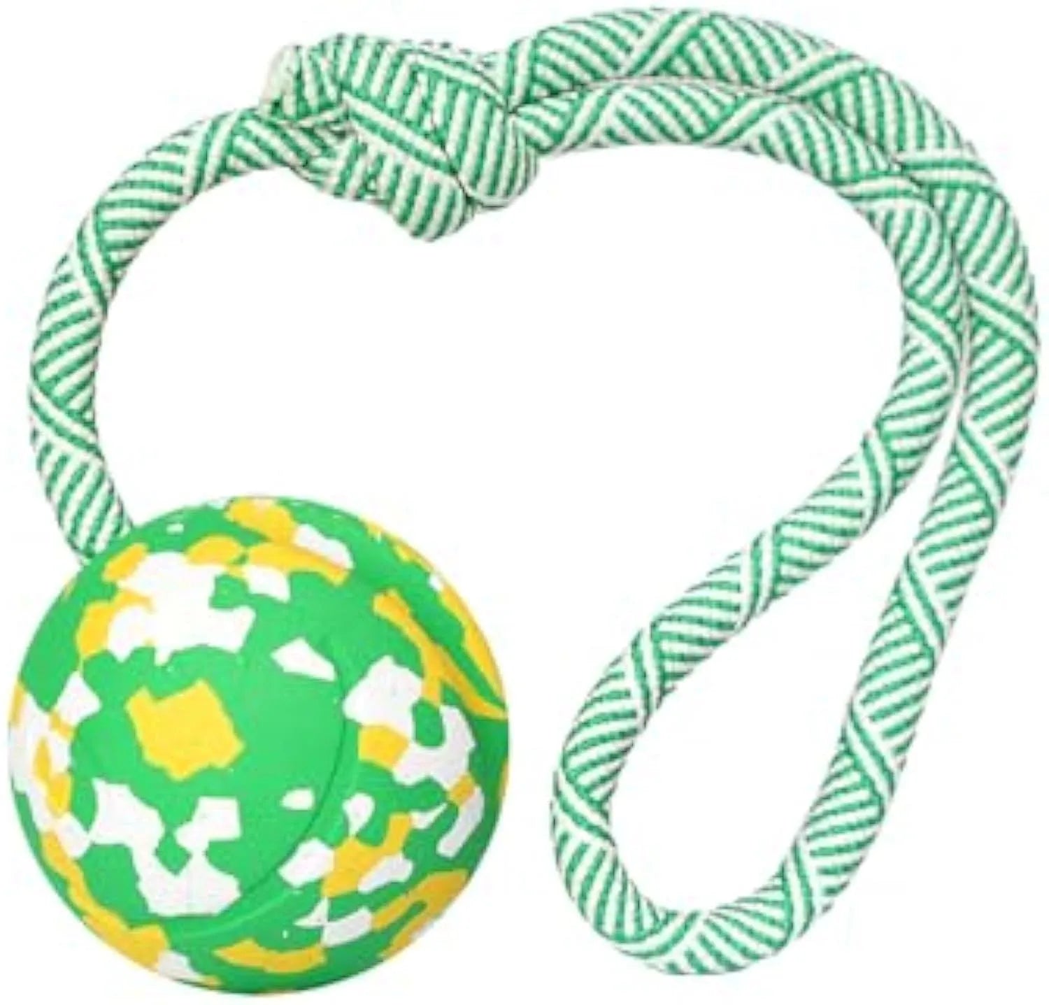 Natural rubber dog ball attached to a blue nylon rope for fetch and tug play
