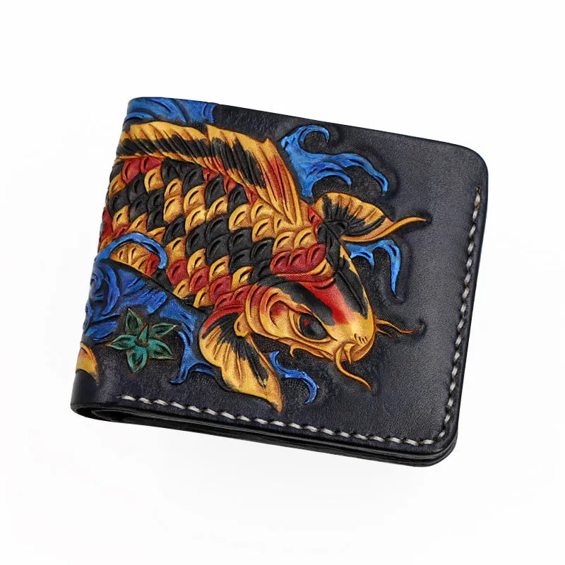Men's carved cow leather short wallet in red, showing open design and dimensions.