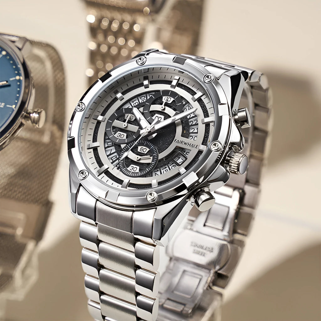 Men's stainless steel luminous quartz watch with a blue dial on a steel bracelet.