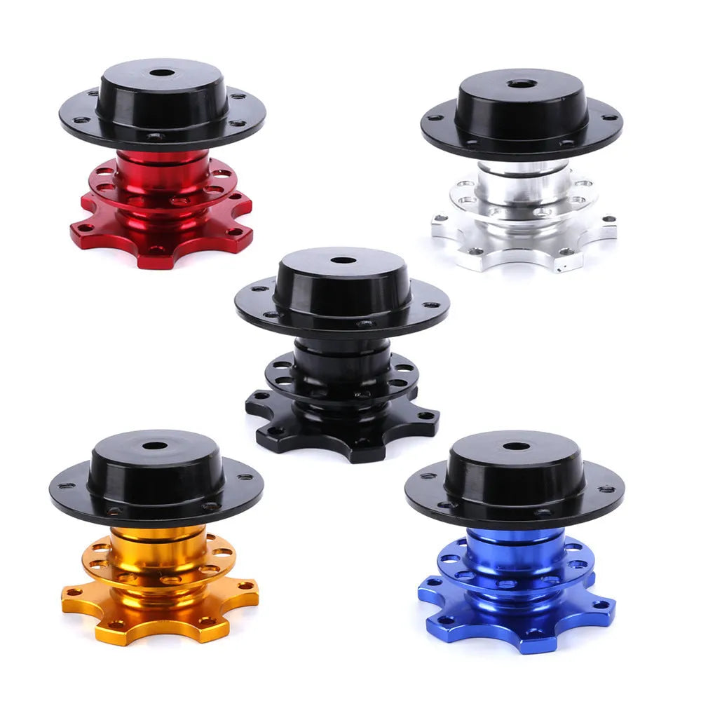 Car steering wheel quick release adapter in five metallic colours: black, red, blue, silver, gold