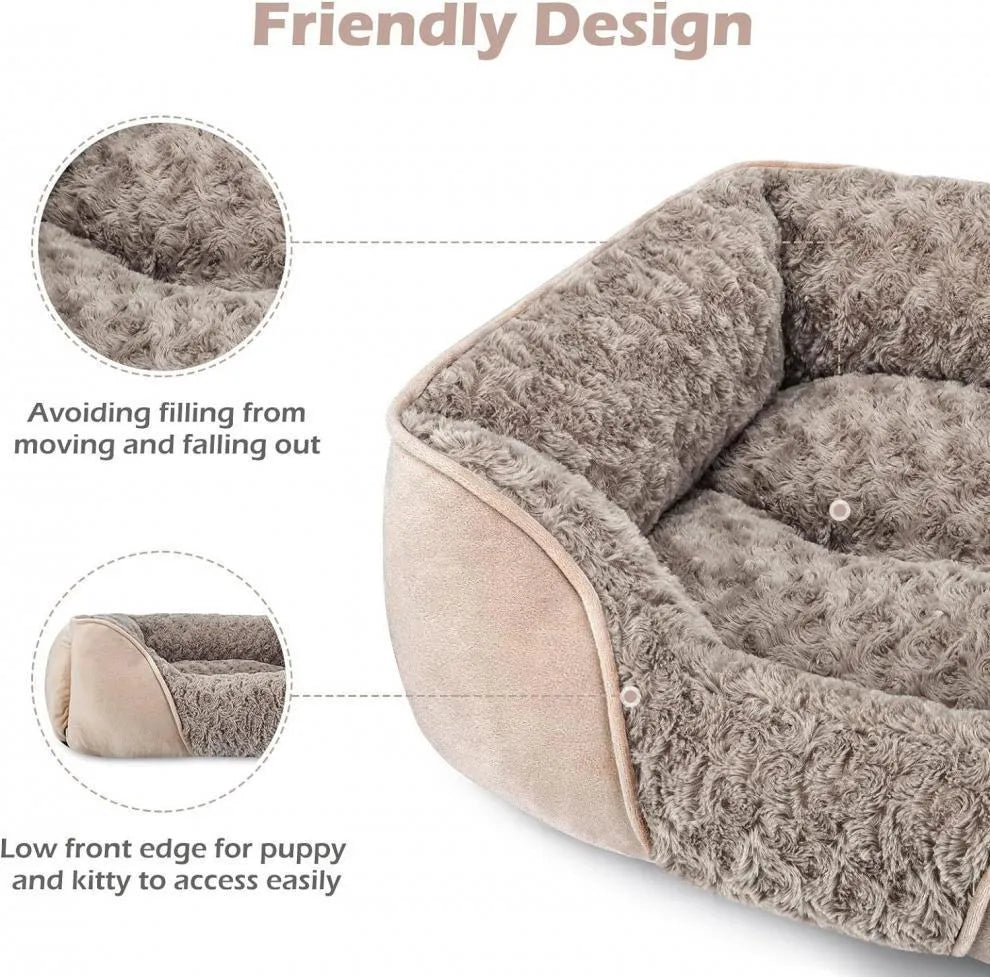 Beige pet kennel bed with golden retriever stuffed toy and removable faux fur cover