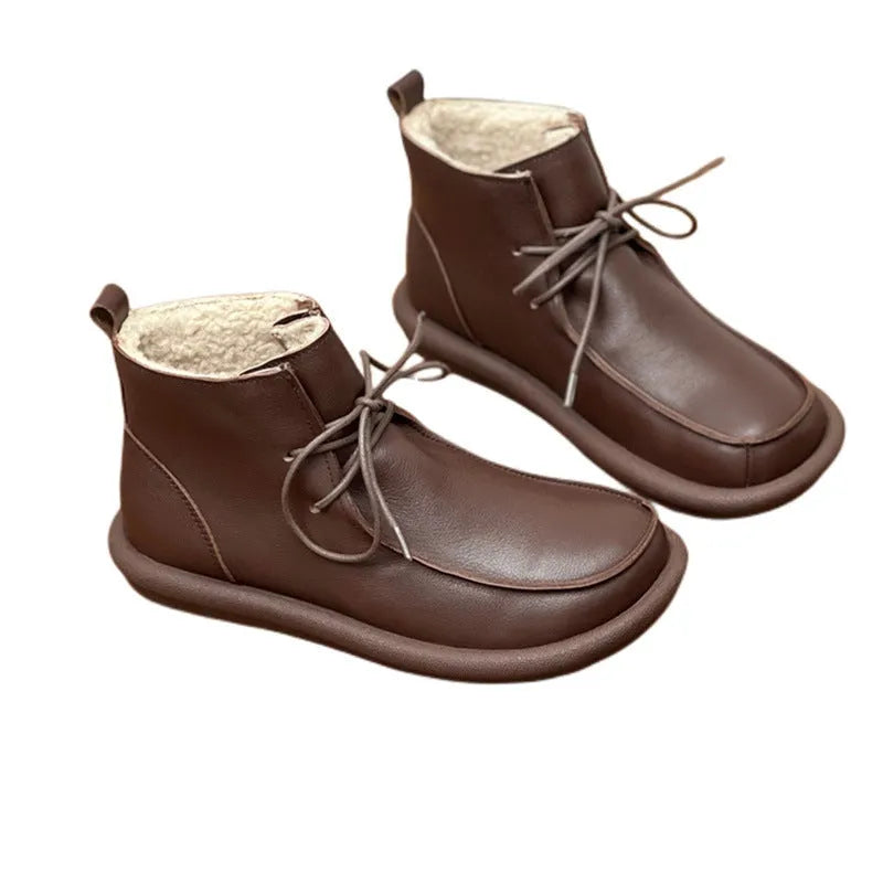 Women's cowhide boots with optional velvet lining, flat heel, round toe, and 9cm ankle sock in black and coffee colours