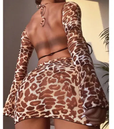 Leopard print women's bikini set with matching skirt and panties for swimming