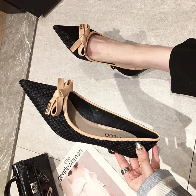 Women's suede bow stiletto pointed high heels in black, grey, and blue, 6-8cm heel, sizes 34-40