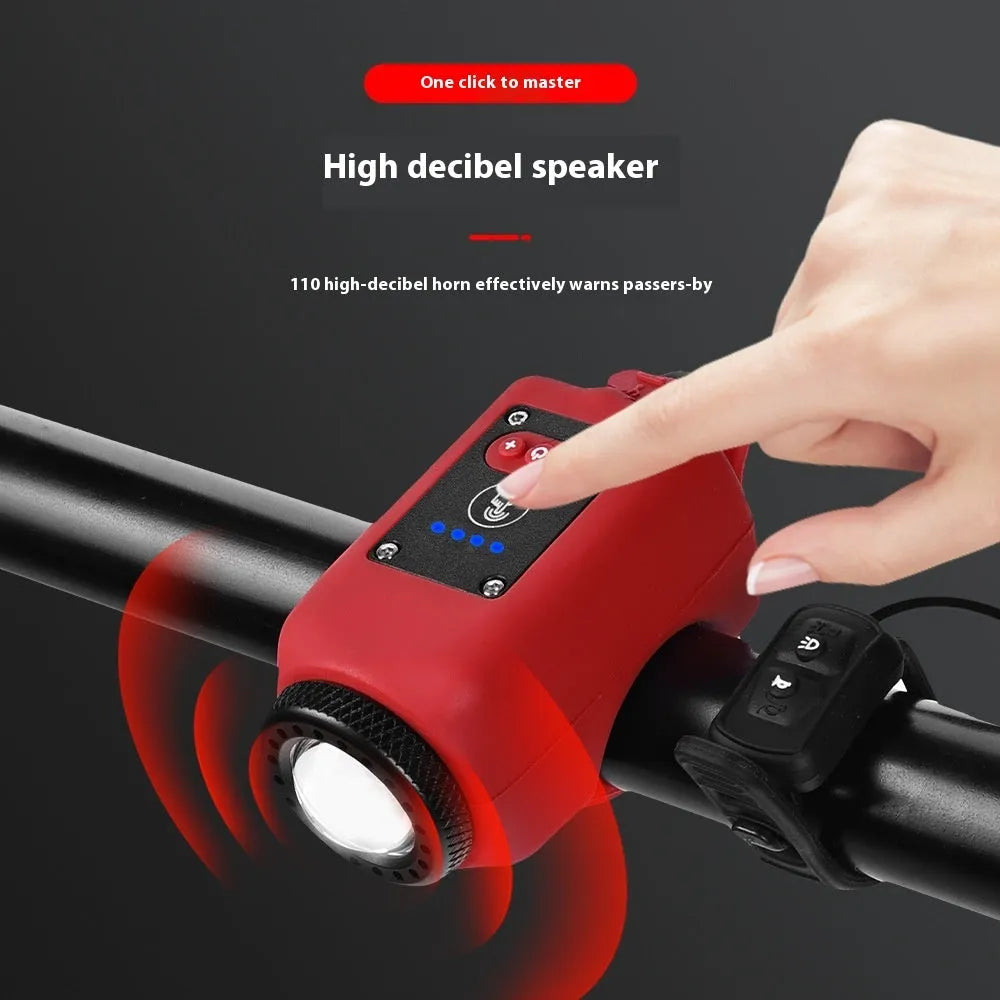 High decibel bicycle horn light with 110dB speaker, 250 lumens, IPX5 waterproof rating, USB rechargeable, on handlebars