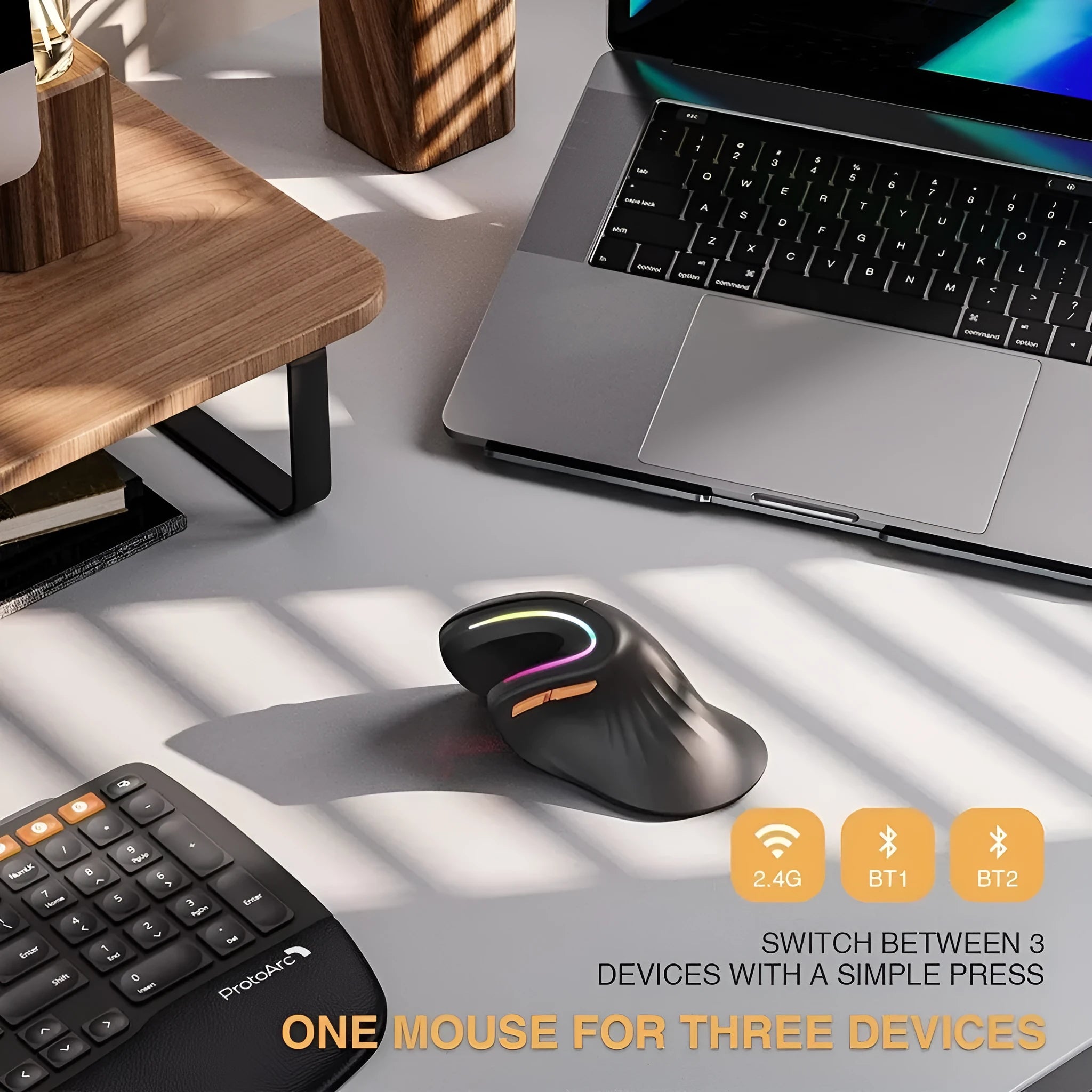 Black seenDa rechargeable vertical Bluetooth wireless mouse with RGB lighting on a desk.