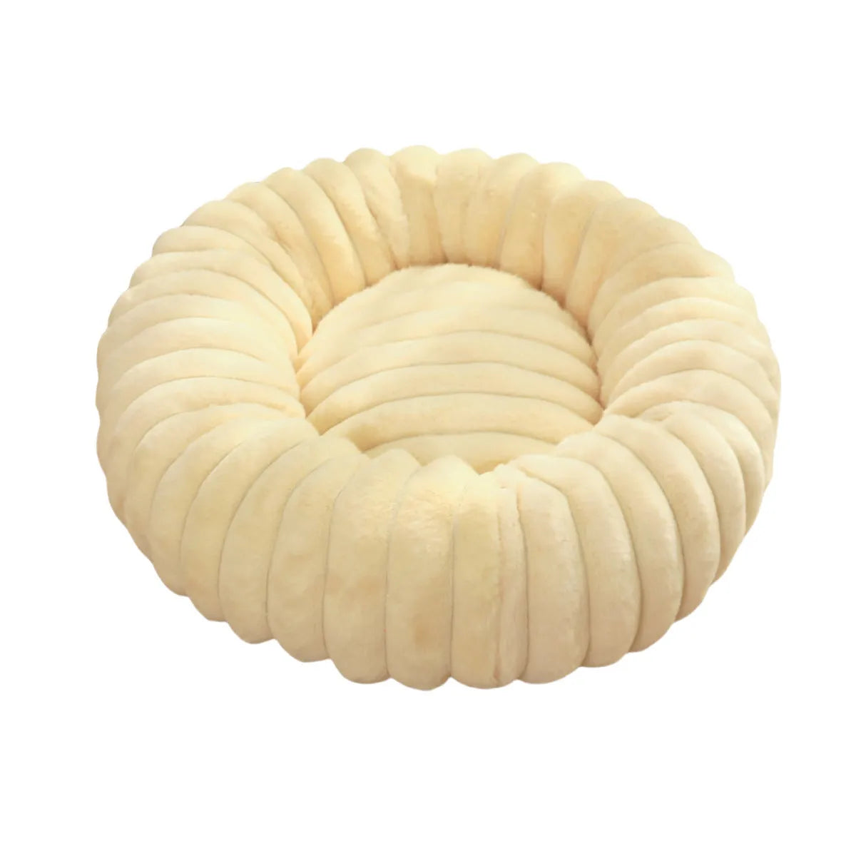 Round beige plush pet bed mat for dog or cat on wooden floor