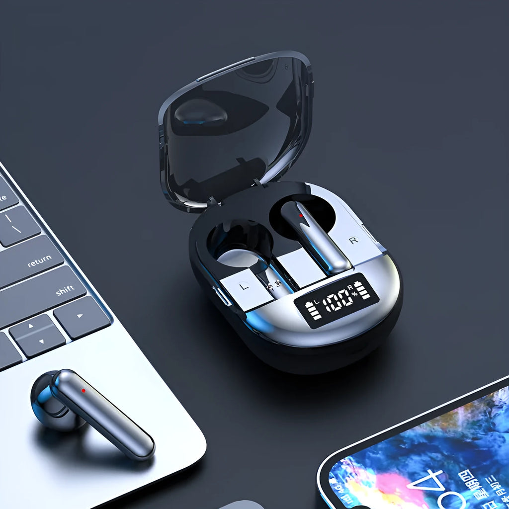 Black or white wireless Bluetooth headset with charging bin showing digital display screen