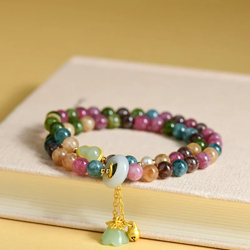Women's natural chalcedony double ring bracelet with geometric 6-6.5mm beads in C118 colour