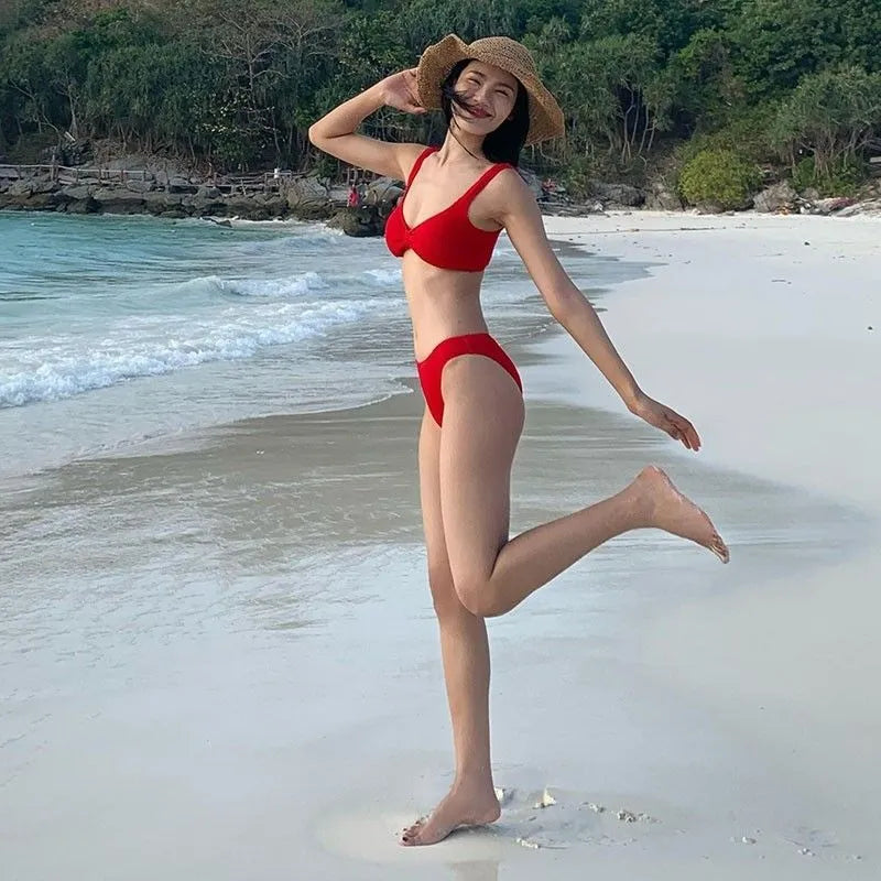 Red simple split bikini women's sleeveless two-piece swimsuit in sizes S M L