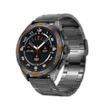Black smart watch with touchscreen displaying health metrics, for men with WhatsApp reply and NFC.