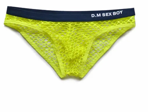 Men's low waist mesh briefs in black, dark grey, rose red, and fluorescent yellow colours showing quick-drying fabric.