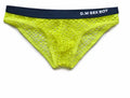 Men's low waist mesh briefs in black, dark grey, rose red, and fluorescent yellow colours showing quick-drying fabric.