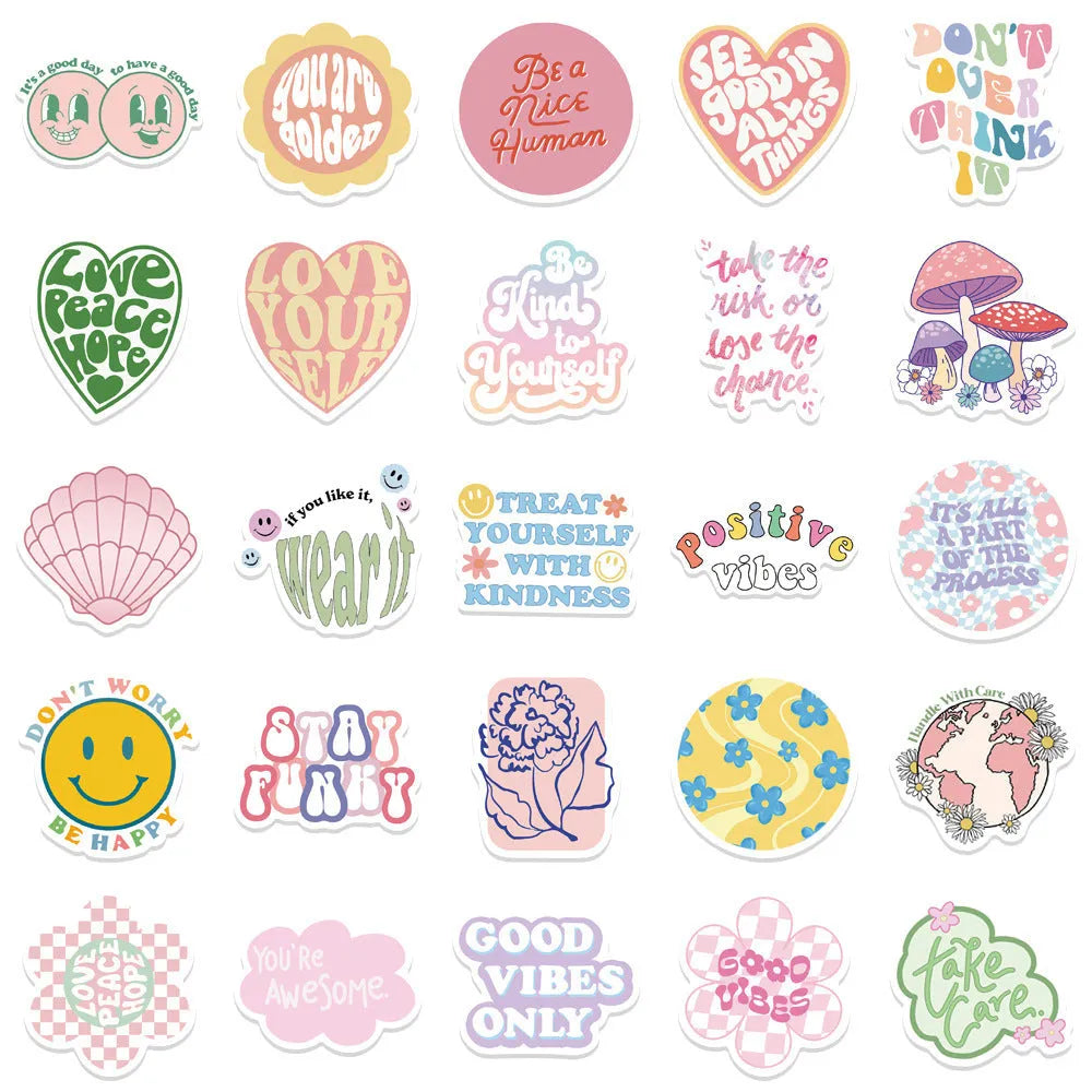 Danish pink motivational statement stickers with graffiti colour and cartoon patterns for laptop decoration