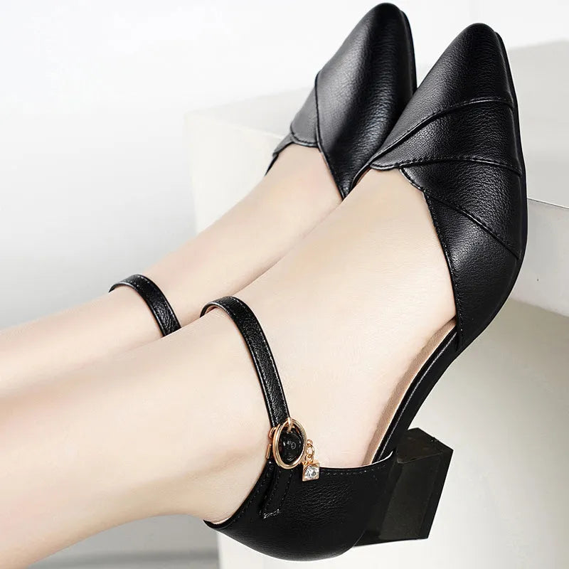 Women's apricot high heel sandals with square toe and buckle strap on a white background.