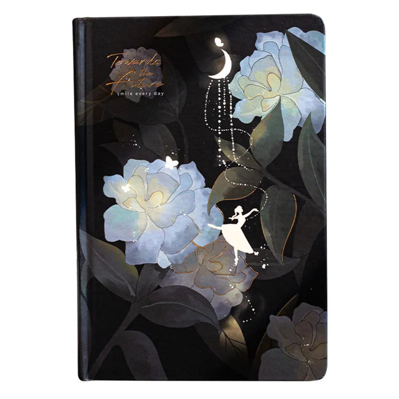 A5 size notebook with a luminous reflective cover, open to show internal pages with colour illustrations.