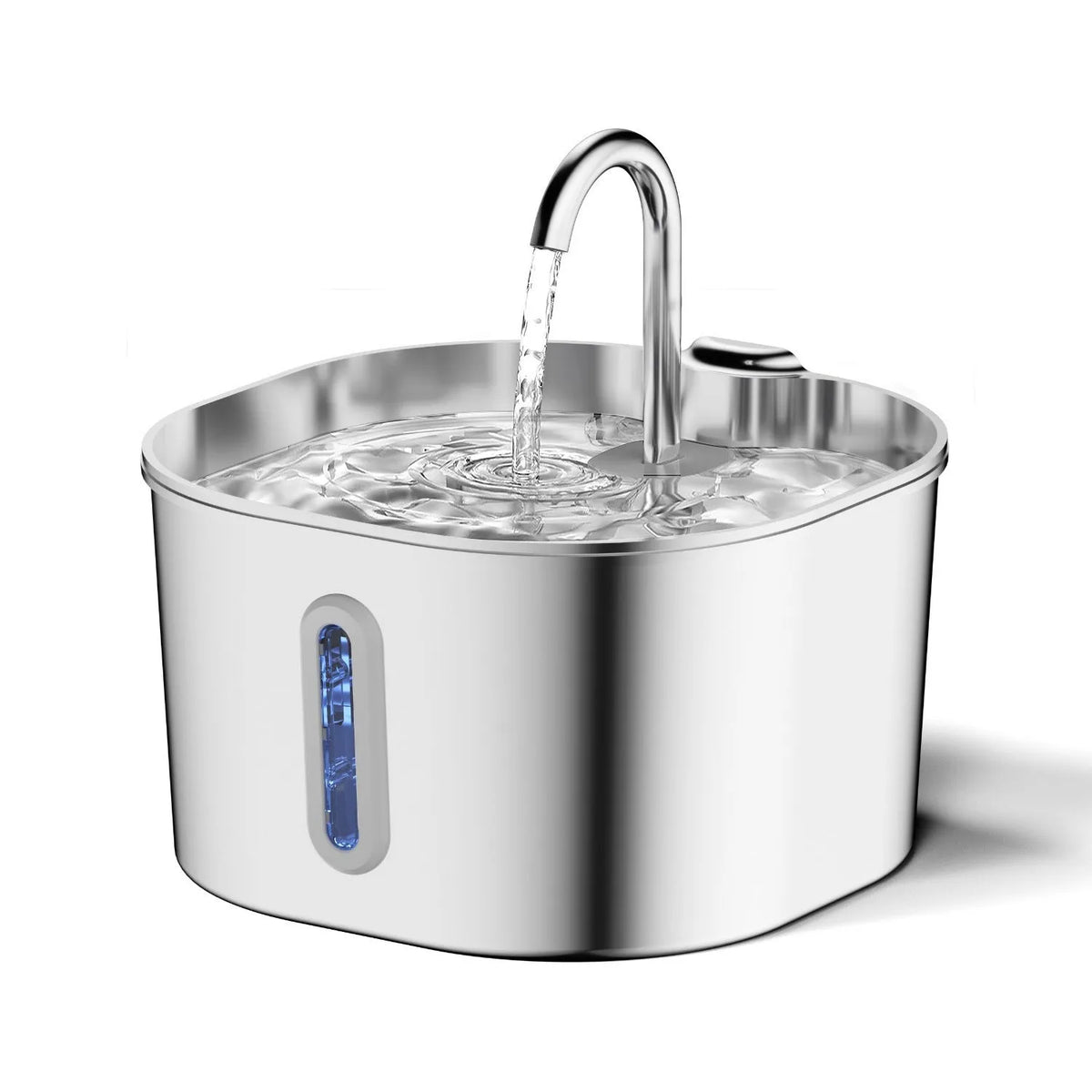 Stainless steel pet water dispenser 2.2L with faucet strip window and automatic circulation pump for dogs and cats.