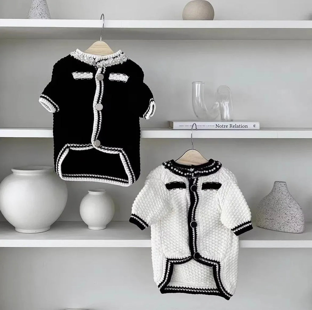 Korean style pearl collar sweater for small dogs in white and black colour options