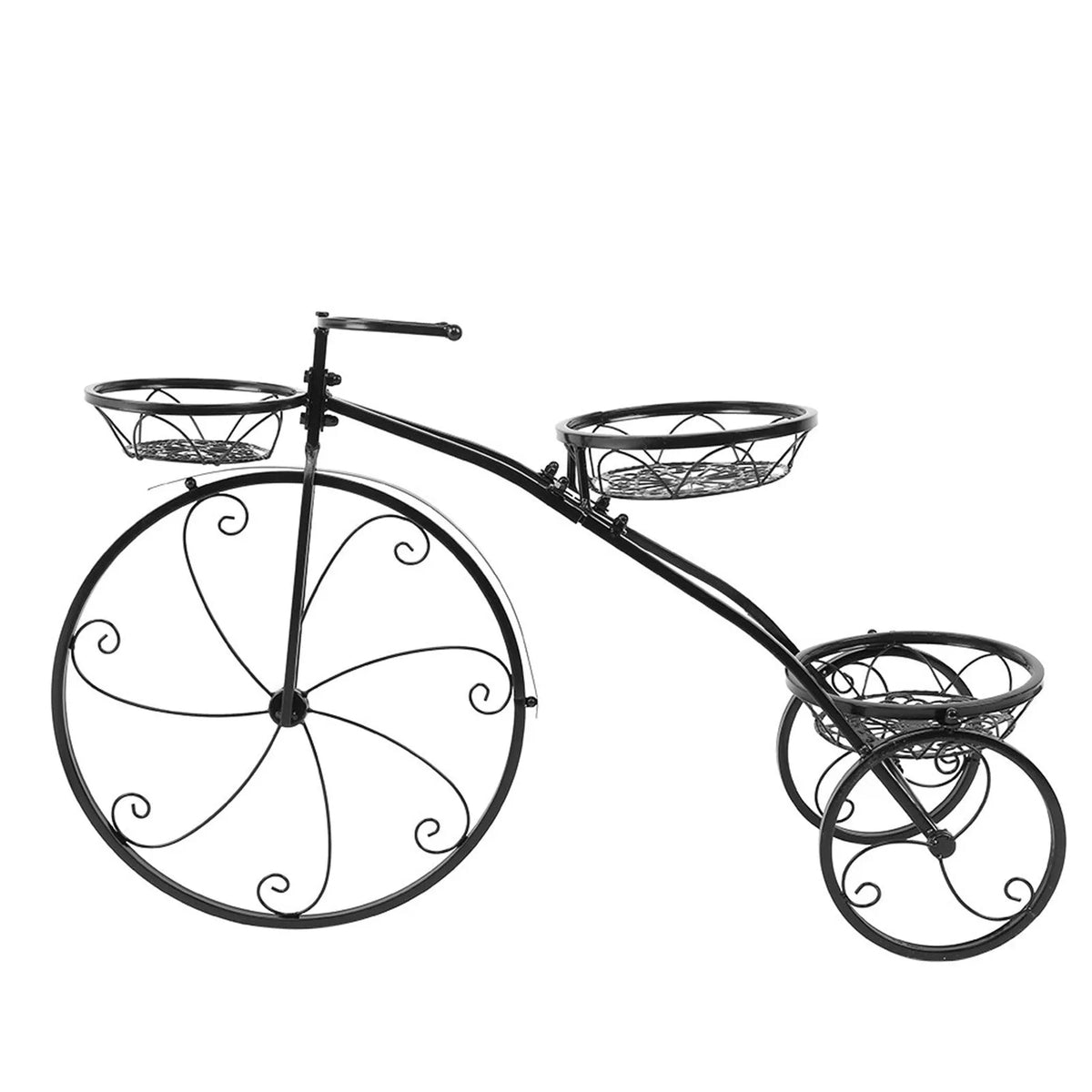 Black iron tricycle plant stand with three round basket holders for smaller planters in home, garden, or patio