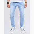 Men's light blue slim fit stretch skinny jeans, cotton denim full-length casual trousers in sizes S to 2XL