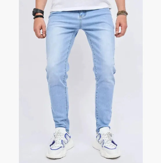Men's light blue slim fit stretch skinny jeans, cotton denim full-length casual trousers in sizes S to 2XL