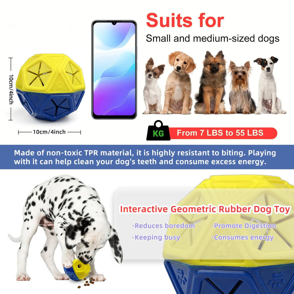 Blue bite-resistant rubber dog puzzle ball with hollow centre for treats, 9 cm diameter.