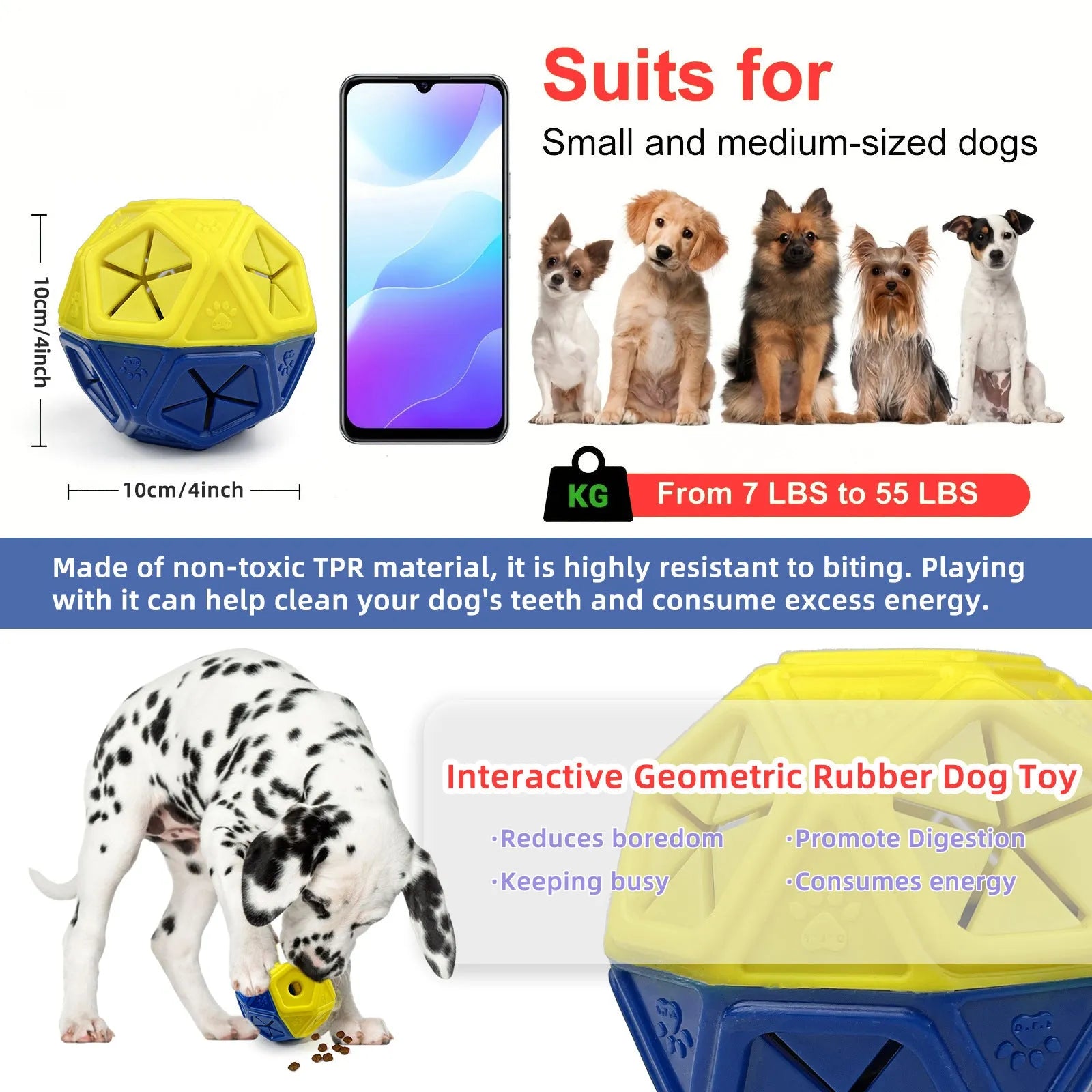 Blue bite-resistant rubber dog puzzle ball with hollow centre for treats, 9 cm diameter.