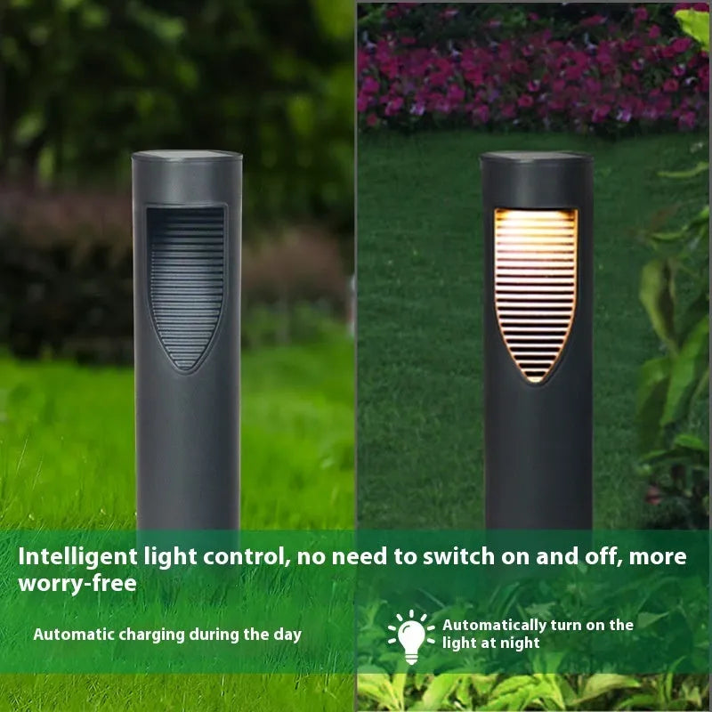 Black geometric solar-powered garden light with abstract design for outdoor decoration