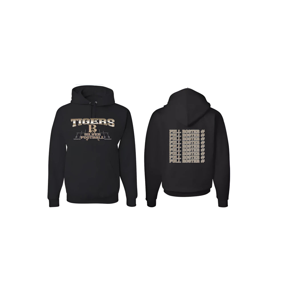 Black drop-shoulder polyester hoodie with long sleeves, simple pullover design.
