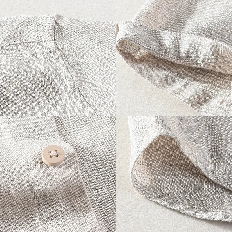 Men's raw jute colour linen shirt with square collar and short sleeves on a hanger.
