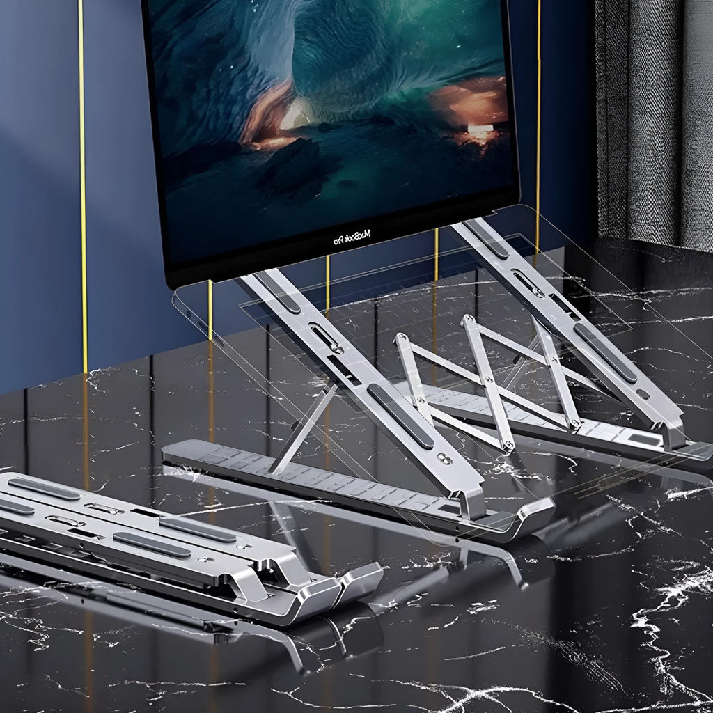 Aluminum alloy three-fork laptop stand in silver with adjustable lifting mechanism on desk