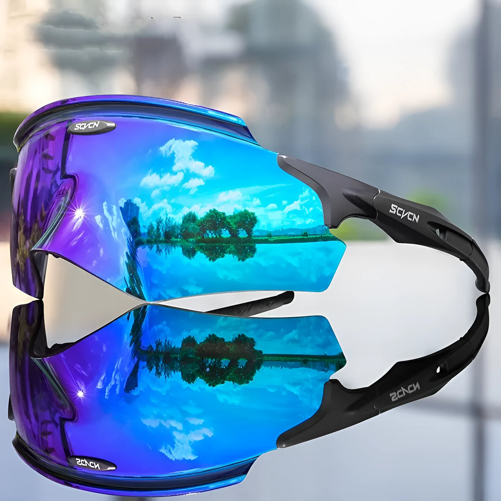 Frameless windproof sports goggles in a colourful integrated lens design for cycling and running.