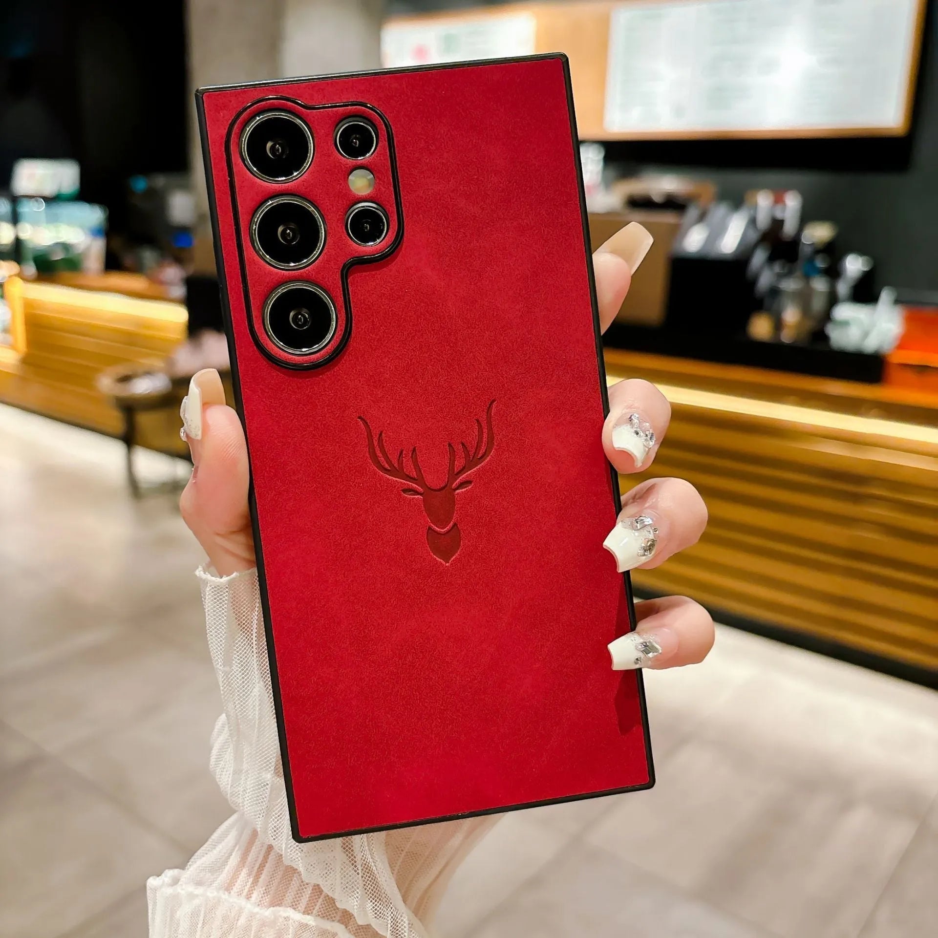 Deer head embossed magnetic phone case for Samsung S24 Ultra in dark brown leather style