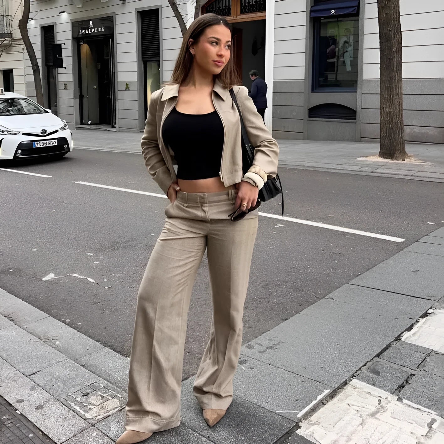Women's herringbone pattern suit set with 3D embroidery detailing on jacket and trousers