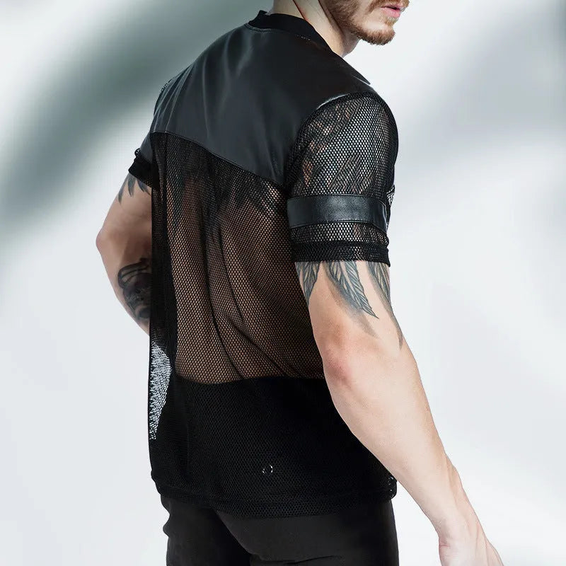 Black men's V-neck running t-shirt with mesh polyester fabric and short sleeves