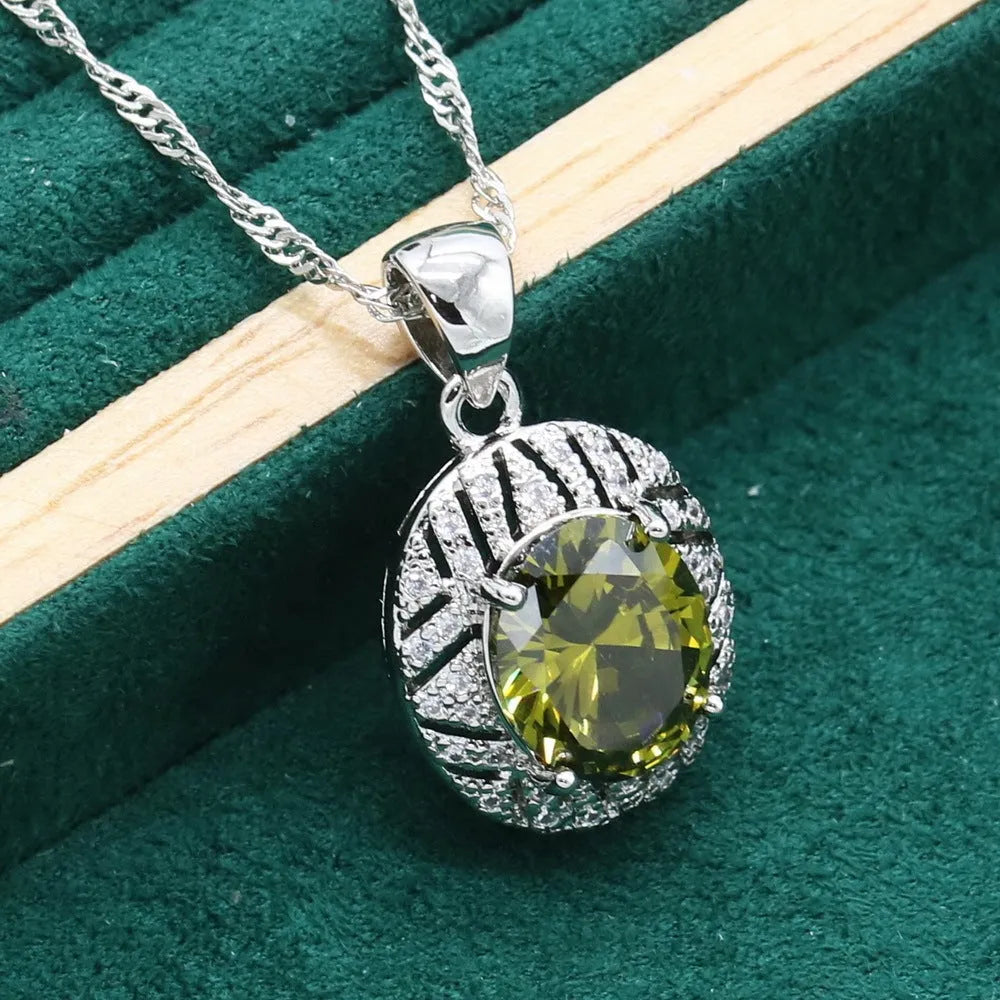Anti-allergy zircon necklace earring ring set in olive green copper inlaid zircon with electroplated retro pattern