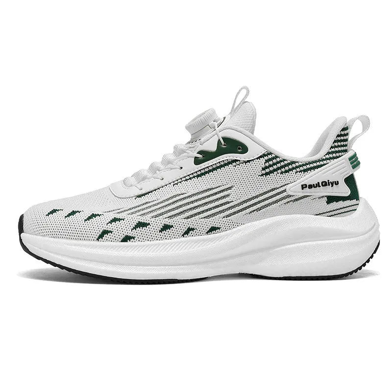 Men's white green rotating buckle fly-kit mesh sports shoes with TPU popcorn sole showing lace-up front and shallow opening design