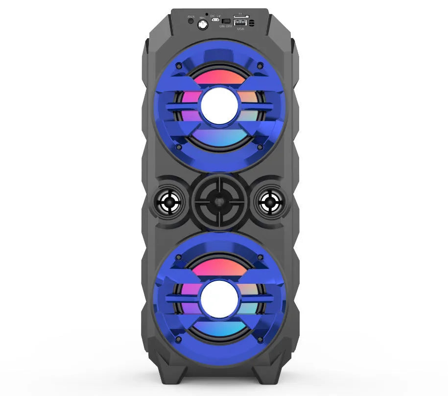 Portable Bluetooth speaker with colour lights and pull rod handle in blue, red, or silver grey options