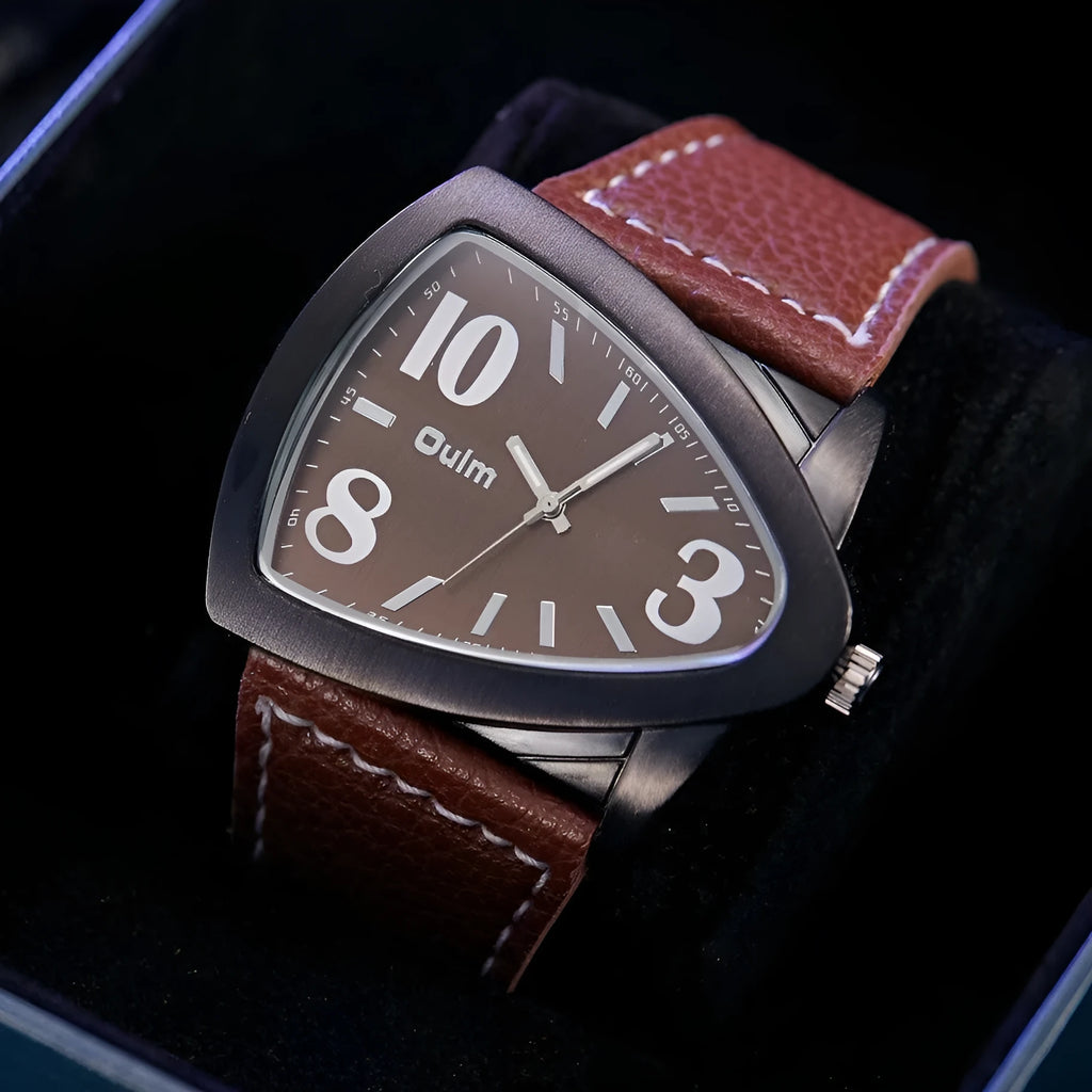 Men's casual watch with triangular belt strap in black, shown on wrist.