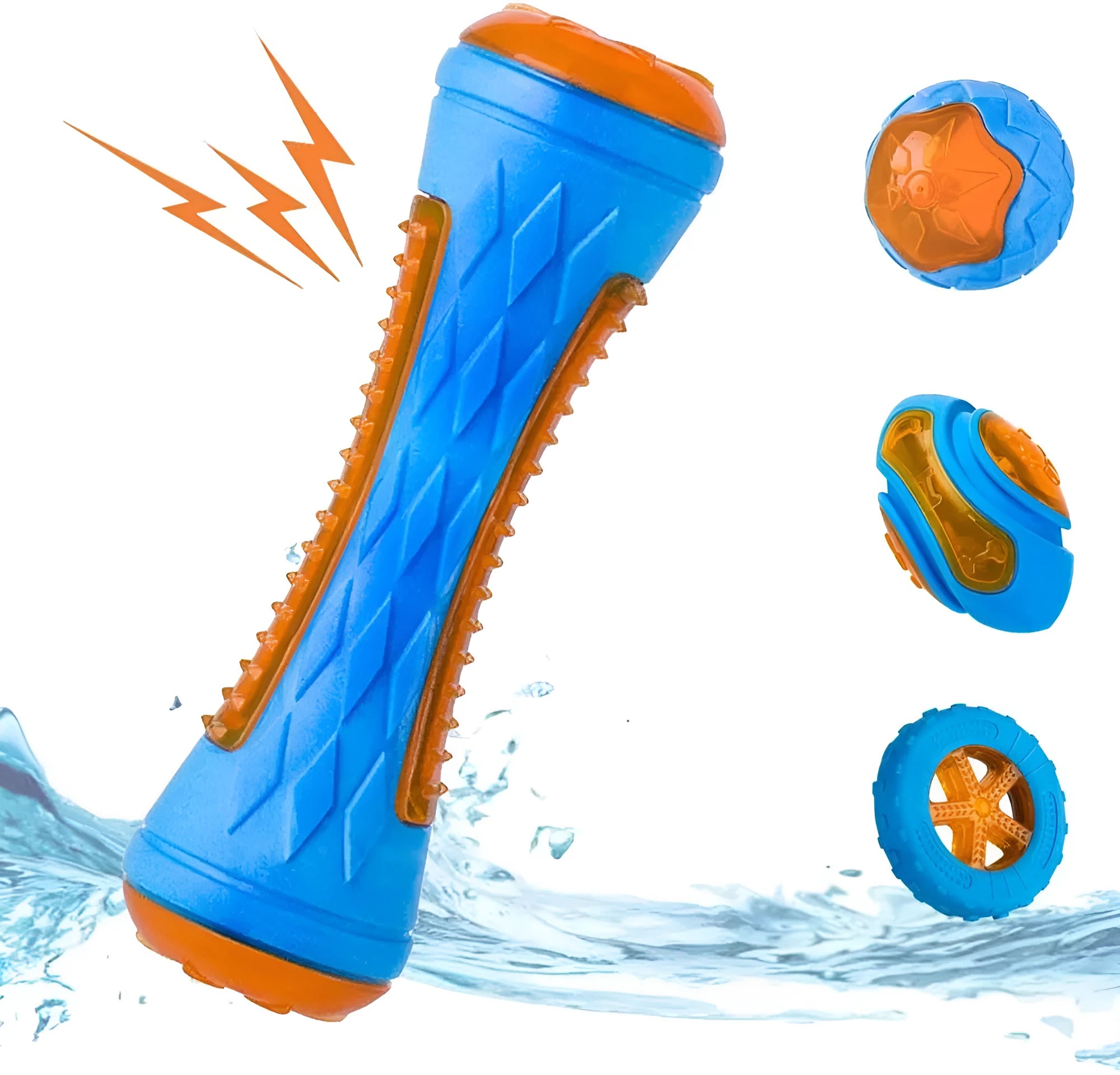 Set of three floating TPR dog toys: a red squeaky ball, a blue squeaky barbell, and an orange squeaky tire on a blue background.