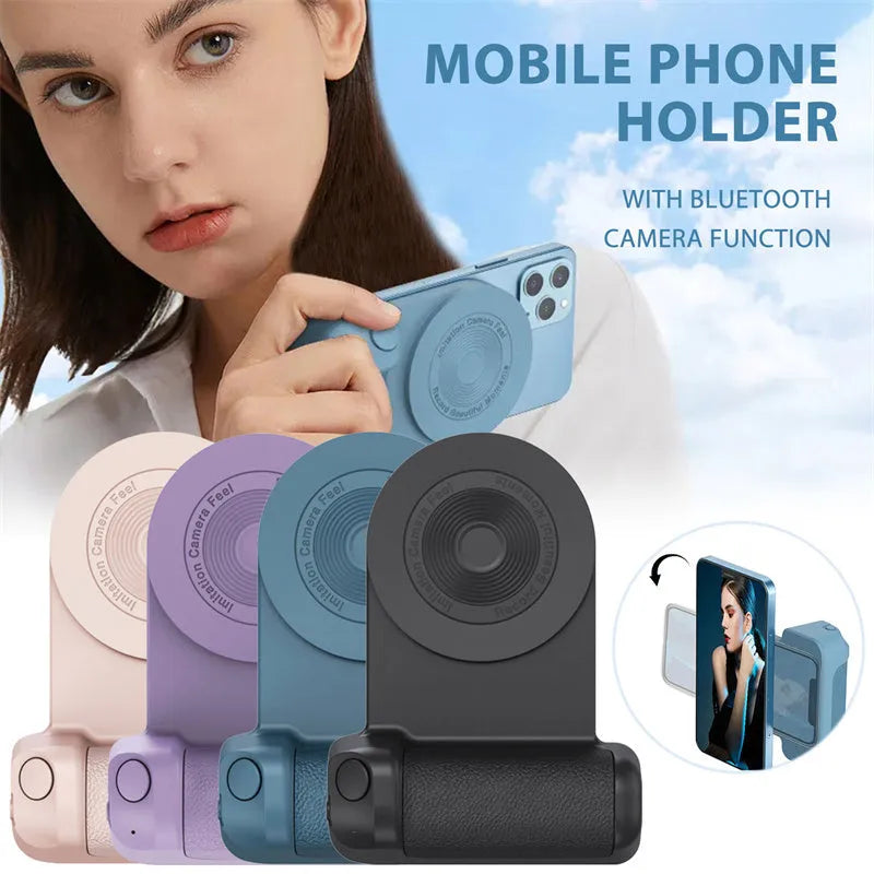Black magnetic camera bracket with rotatable phone holder and PU leather grip