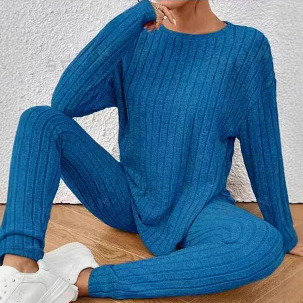 Black sunken stripe two-piece homewear set with regular sleeves and matching trousers