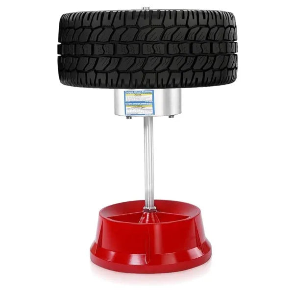 Portable aluminium hub wheel balancer with bull's eye level on an enamel base.