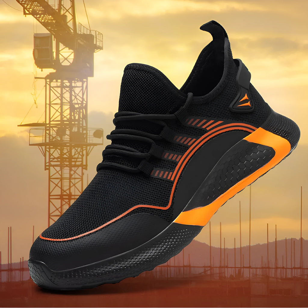 Breathable men's labour protection shoe in black with fly-knit upper, low upper, round toe, and front lacing
