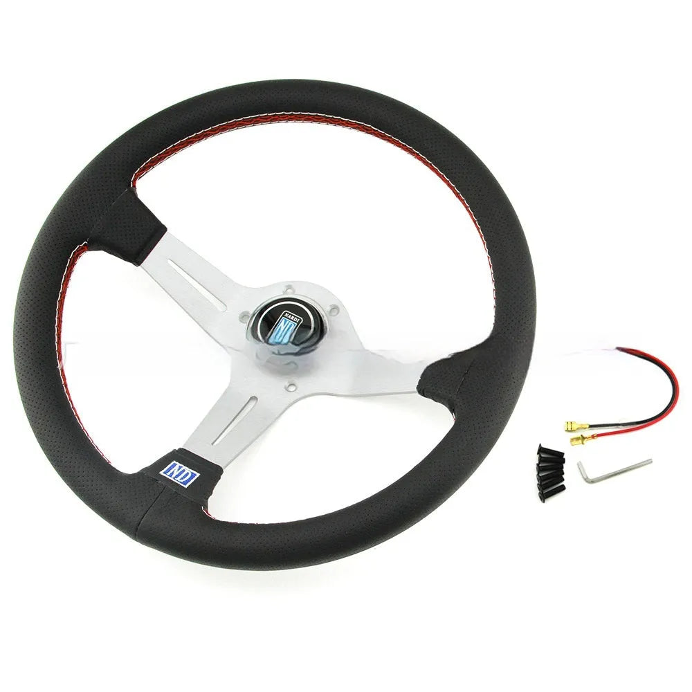 A leather-wrapped 14-inch car steering wheel with a middle concave design, shown with a silver skeleton frame.