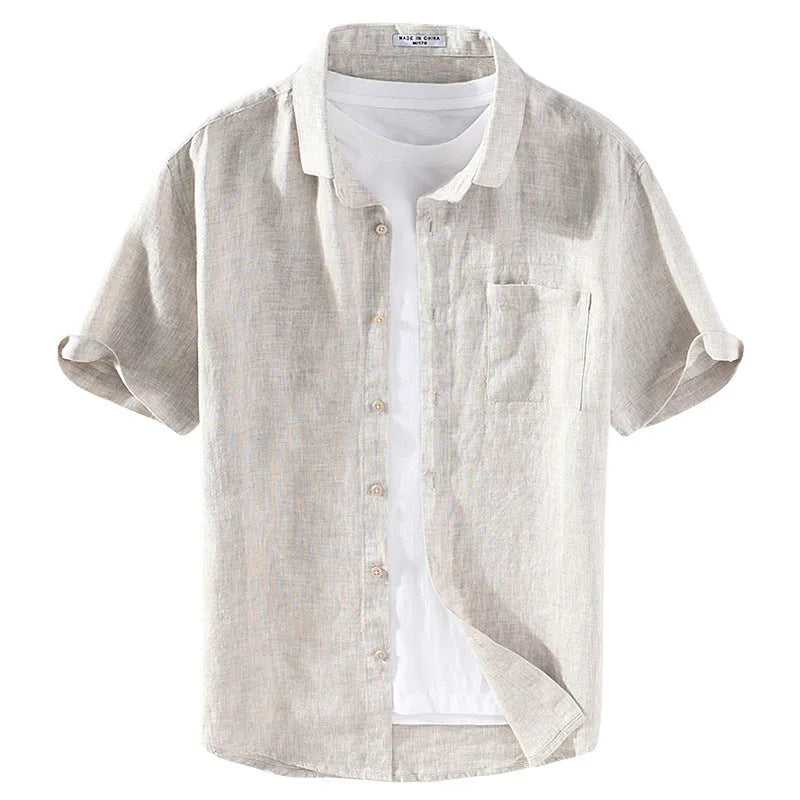 Men's raw jute colour linen shirt with square collar and short sleeves on a hanger.