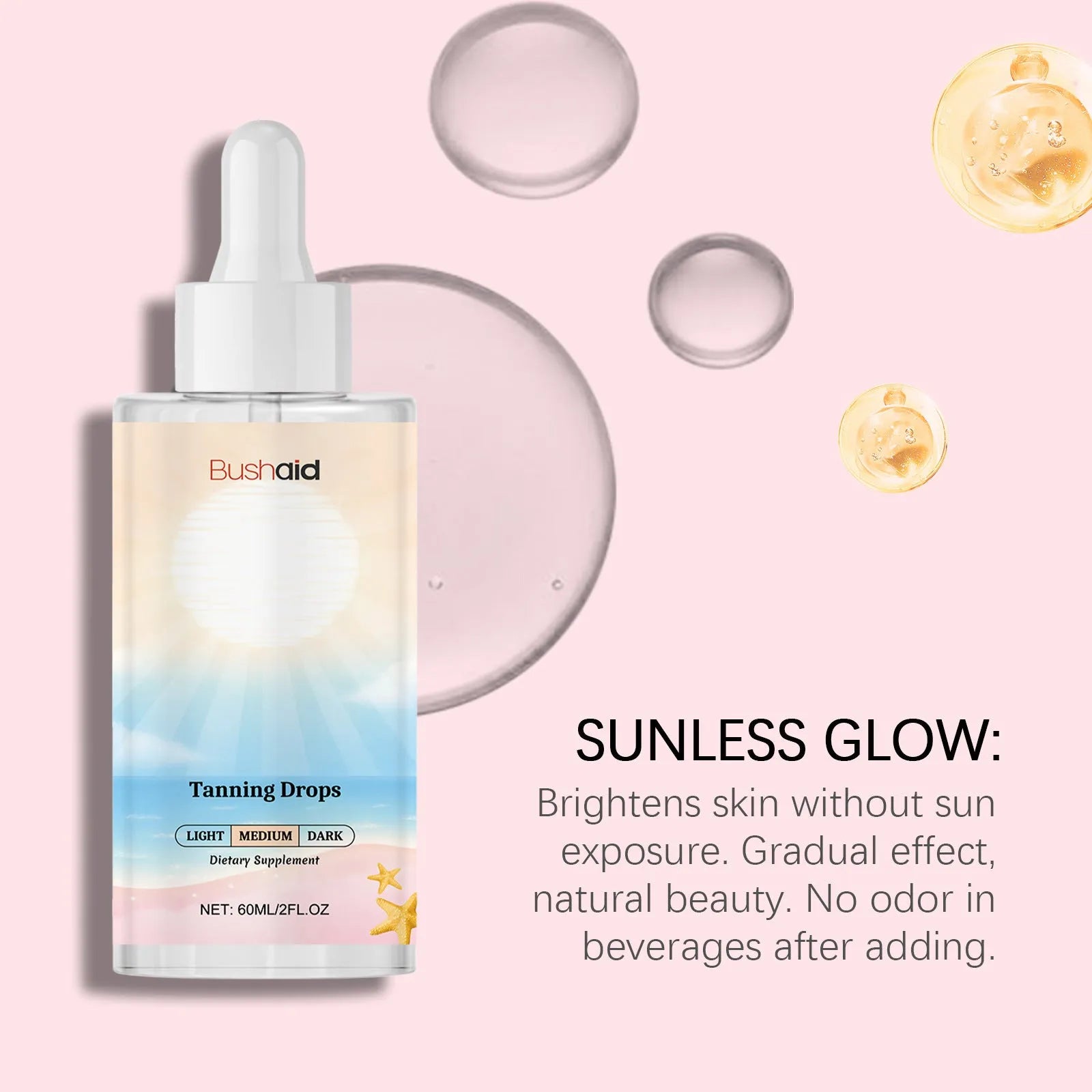 60ml bottle of no sunlight required tanning drops for body care, showing packaging size.
