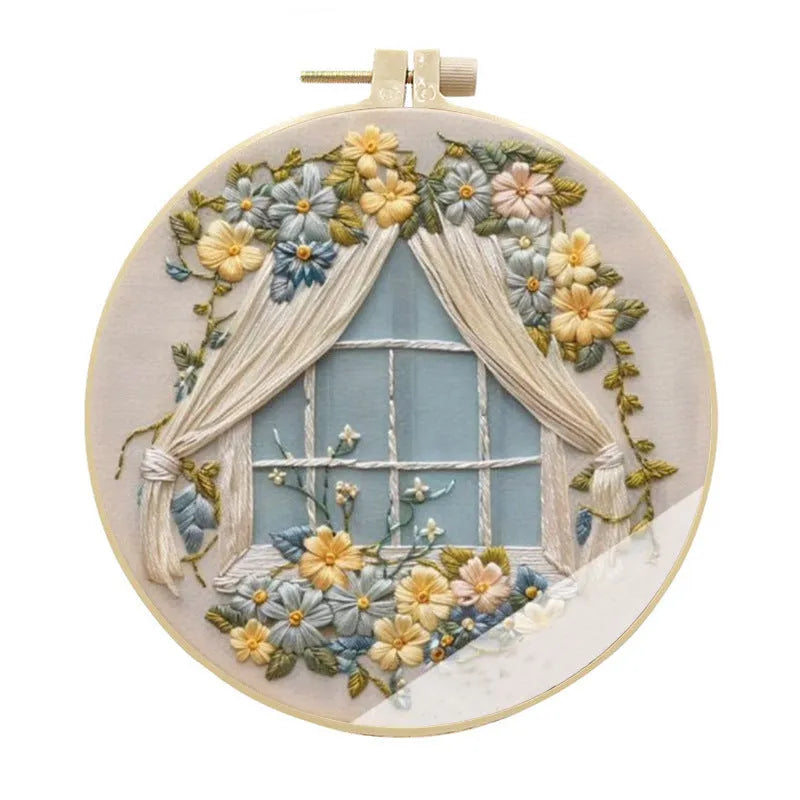 Embroidery kit with cotton linen fabric, 15cm imitation bamboo frame, Winter House colour cartoon anime pattern