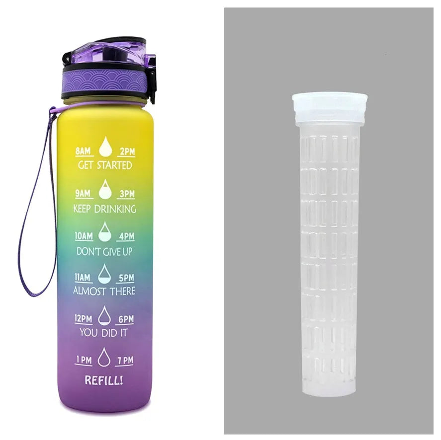 Blue and red gradient 1 litre Tritan sports water bottle with time markers and a black flip-top lid.