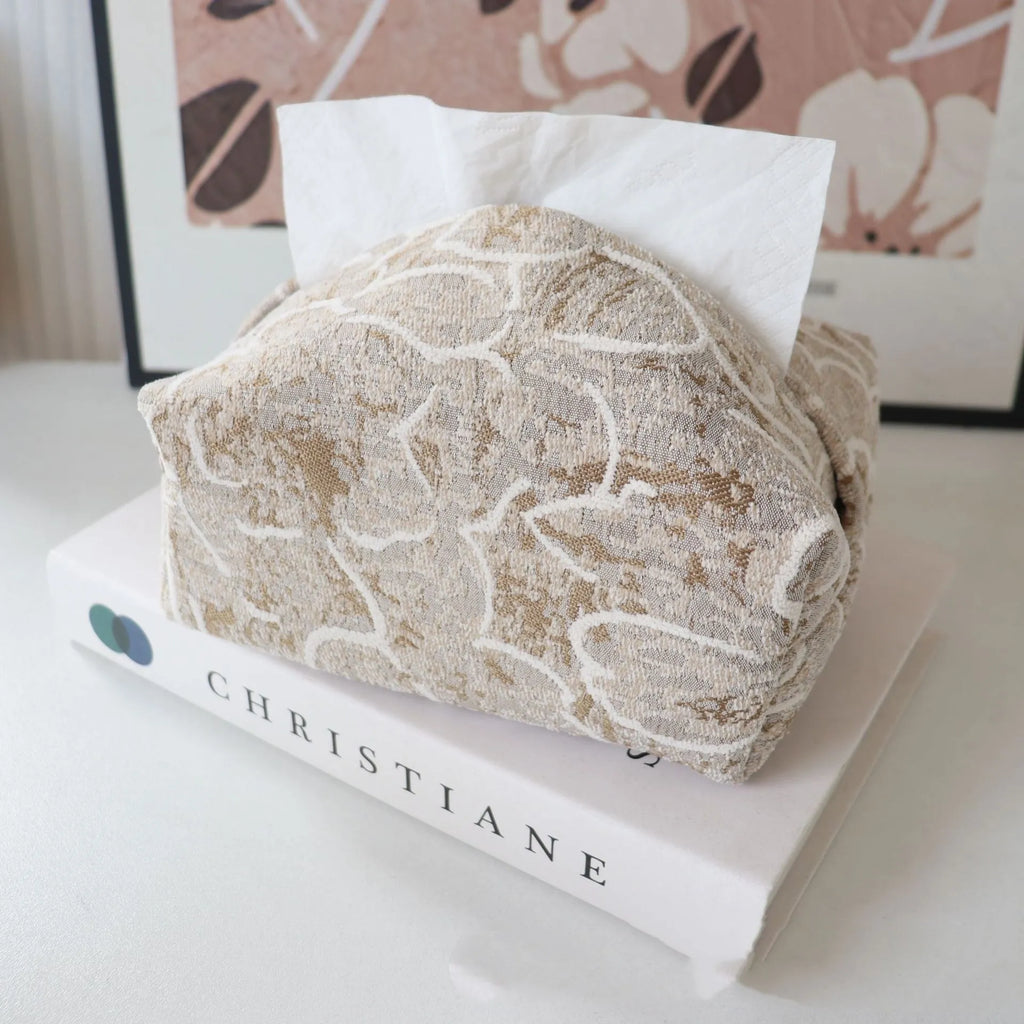Chinese style floral print cotton fabric tissue box in beige, blue, or brown.